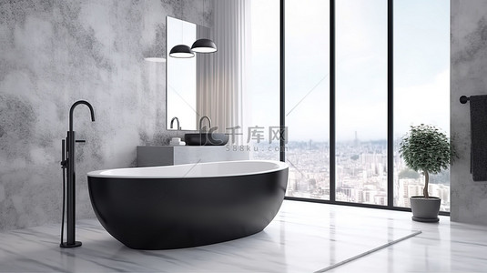 令人惊叹的现代浴室，白色浴缸上配有时尚的黑色水龙头，时尚的瓷砖 3D 渲染
