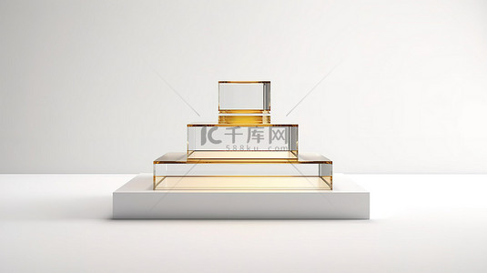 台阶玻璃背景图片_带金色台阶和玻璃框架的白色背景玻璃讲台的 3D 渲染
