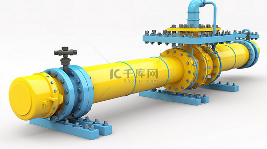 阀门生产背景图片_3D 渲染中的阀门管道，配有黄色管和蓝色起重机，非常适合石油和天然气行业，包括剪切路径