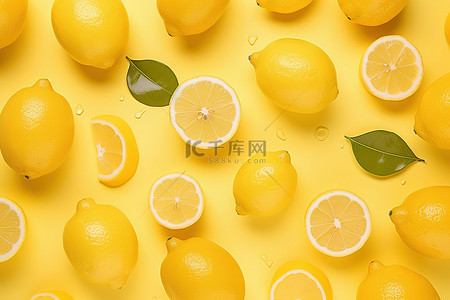 黄色背景中的新鲜柠檬