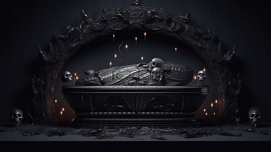 陵园墓地背景图片_3D 渲染和黑色配色方案中的装饰万圣节棺材装饰品