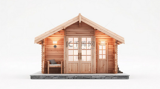 传统红外芬兰桑拿浴室的 3D 渲染，白色背景上的木屋设计