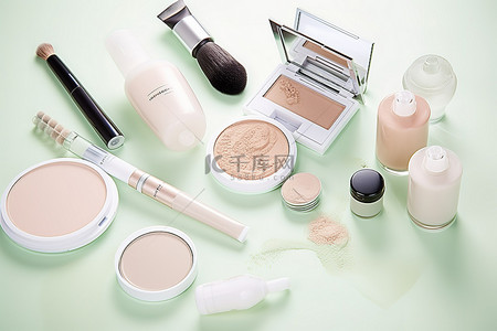 绿色背景下带有化妆刷和化妆产品的化妆品图像