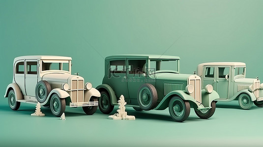 绿色隔离背景与老式汽车 3D 插图经典之美遇见现代艺术