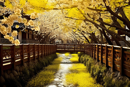 一条狭窄的鲜花盛开的小溪和木桥