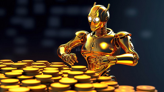 金币堆伴随着象征金融技术的 3D 渲染机器人