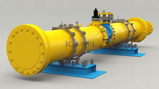 石油和天然气行业中具有阀门黄色管和蓝色起重机的 3D 渲染管道系统，具有剪切路径