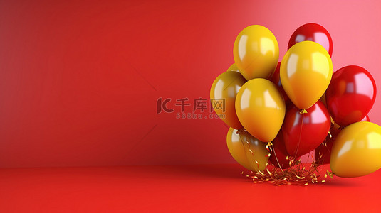 黄色混凝土背景装饰着一束充满活力的红色新年气球水平横幅 3D 渲染
