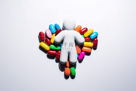 几种不同的彩色药丸，形状为人体骨骼