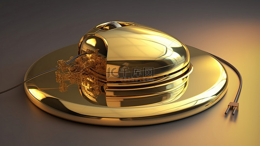 电脑鼠标连接到带有 3D 渲染钟形盖的金盘