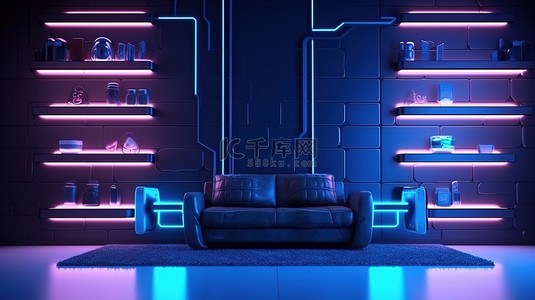 未来派的空间内部，配有时尚的黑色墙壁和当代设计的霓虹灯 3D 渲染