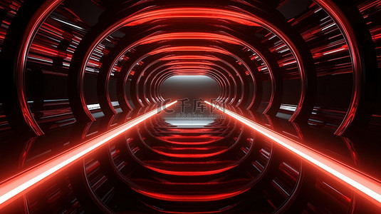 3D 渲染中带有反光地板的红色霓虹灯隧道