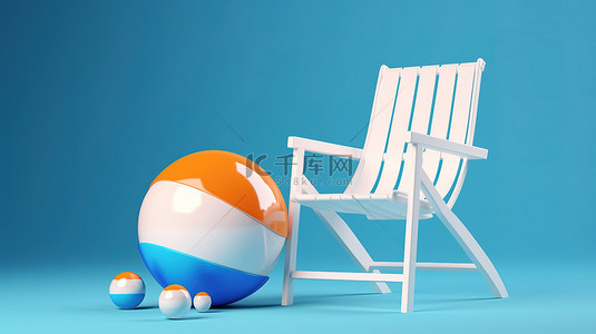 充满活力的海滩美学蓝色背景，带有 3D 渲染的白色和彩色躺椅和沙滩球
