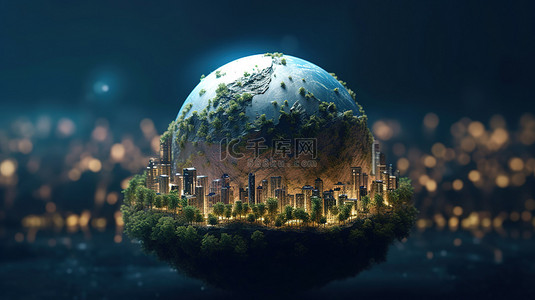 夜城背景图片_微型地球仪的 3D 渲染，夜城森林和山脉非常适合壁纸