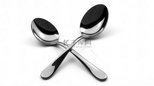 白色背景上孤立的叉子和勺子的 3d 渲染