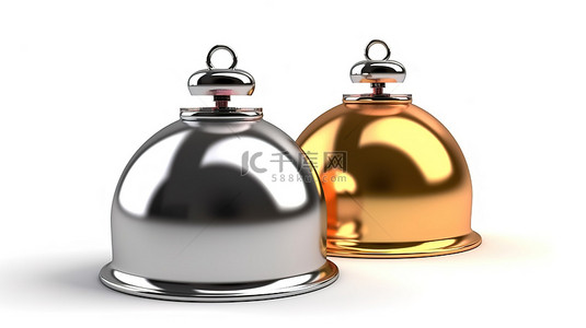 白色背景上孤立金属钟形和气瓶的 3d 插图