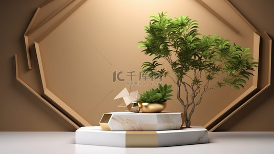 云雾缭绕金粉背景图片_讲台展示台的 3D 渲染，具有六角形树形花盆家庭植物和装饰性金色装饰