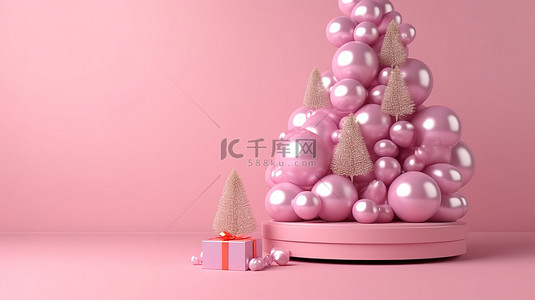 清浅色背景图片_节日圣诞节讲台上有圣诞树气球和粉色背景 3D 渲染的装饰品