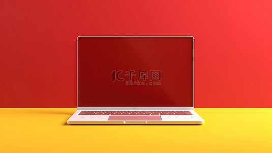 用品模板背景图片_空白白屏红色笔记本电脑隔离在黄色背景 3D 渲染样机模板上