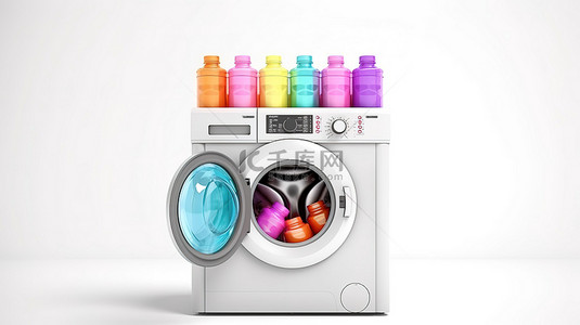 洗衣背景背景图片_3D 渲染白色背景，配有带彩色洗涤剂瓶的现代洗衣机