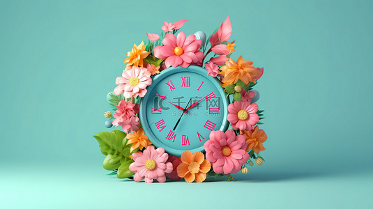 3D 渲染蓝色背景的插图，色彩缤纷的花朵绿叶和粉红色的时钟