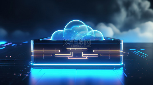 科幻面板背景与 3D 渲染中的发光云计算图标