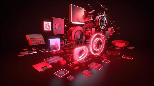 3D渲染界面设计中红色多媒体和音乐图标的侧视图