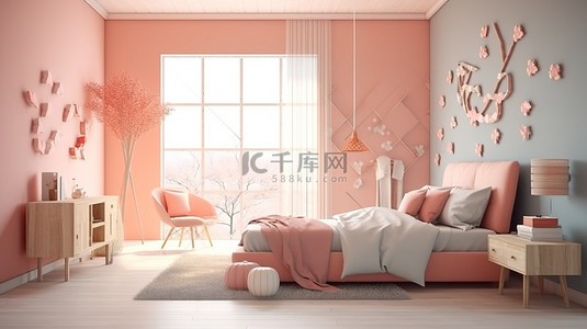 舒适柔和的卧室的 3D 渲染，适合一个充满爱和温暖的家庭