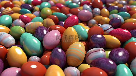 1 3D 渲染中描绘的一堆充满活力和生动的复活节彩蛋