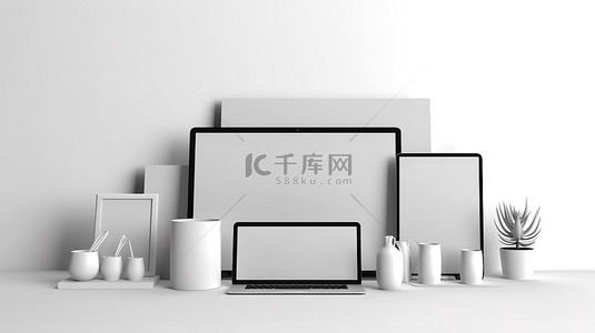 白色背景的 3D 渲染，平板电脑和智能手机设备围绕模型空间