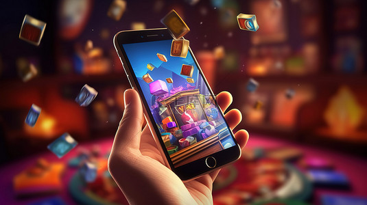 在手机 3D 渲染上启动在线赌场应用程序时动画手握着现金