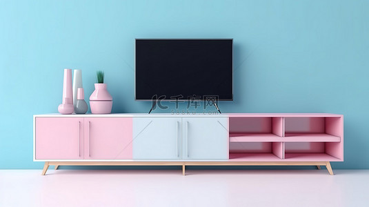 大平板电视放置在白色桌子上，带有蓝色和粉色背景的 3D 插图