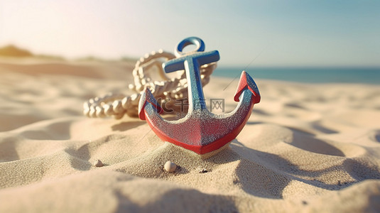 白色背景下阳光明媚的沙滩上航海锚和救生圈的 3D 渲染特写