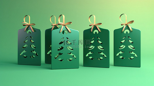 绿色背景 3D 渲染的孤立圣诞树礼物标签