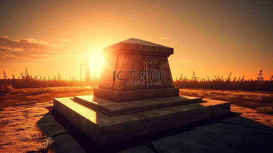 黎明城市背景图片_3D 渲染墓碑上的日落光芒