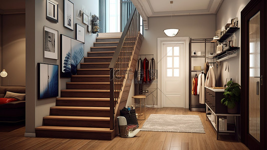 楼梯台阶标语背景图片_入口大厅和通往二楼的楼梯，大厅走廊下方有衣柜 3D 渲染
