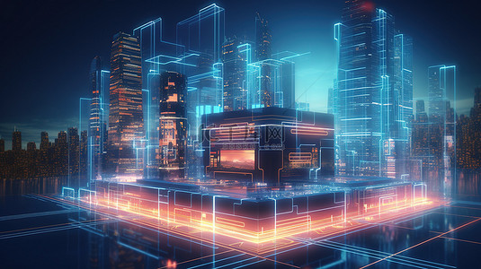 在科技大城市背景下发光的未来智能建筑的 3D 渲染