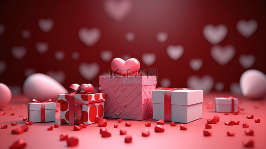 情人节横幅 3D 渲染心装饰礼品盒