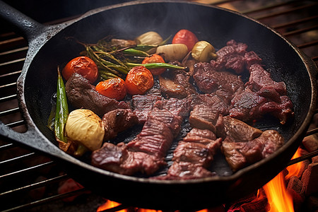 肉牛肉背景图片_肉和蔬菜正在煎锅中的烤架上烹饪