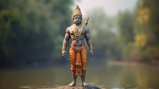 印度國王背景图片_以 3D 形式描绘的马哈巴利国王站在河流模糊的自然景观中