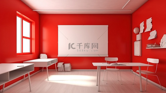 白板教室背景图片_红墙上有 3D 渲染和白板的教室