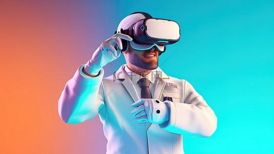 卡通虚拟现实背景图片_穿着虚拟现实装备的医生的有趣 3D 描绘