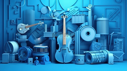 彩色背景音乐背景图片_围绕蓝色乐器的几何形状背景的 3D 渲染