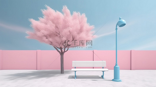 公园长椅和路灯的单色柔和蓝色和粉色 3D 渲染