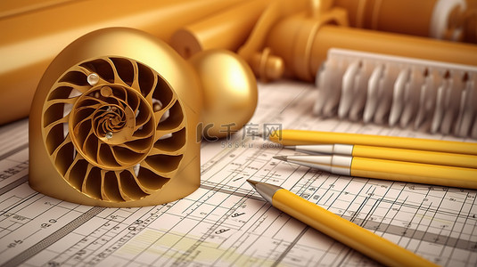 办公用品和纸张背景在特写镜头 3D 插图中增强了斐波那契螺旋的黄金比例