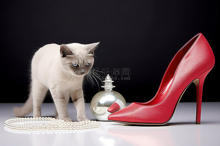 一只小猫站在高跟鞋和珍珠项链附近