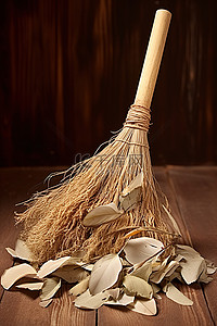 扫地小帮手背景图片_一把扫帚放在一堆干桉树叶上