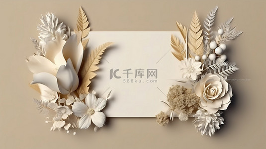 邀请框背景图片_3D 渲染花卉矩形框架令人惊叹的贺卡和邀请卡，配有茂盛的植物和花卉