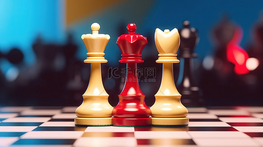 浪漫人物情侣背景图片_浪漫的国际象棋红心装饰五彩棋盘上的国王和王后人物 3D 渲染
