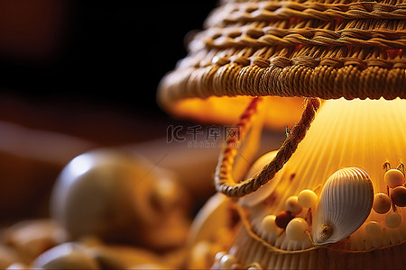 柳条篮背景图片_这盏灯是用贝壳和柳条篮制成的